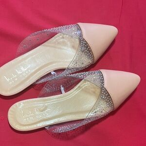Nicole Miller Nude Pink Pointed Slip-On Mules with Rhinestone Accents